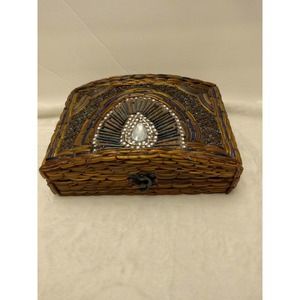 Unique Wicker and Jewel Beaded Jewelry Box. 8 x 6 x 3"